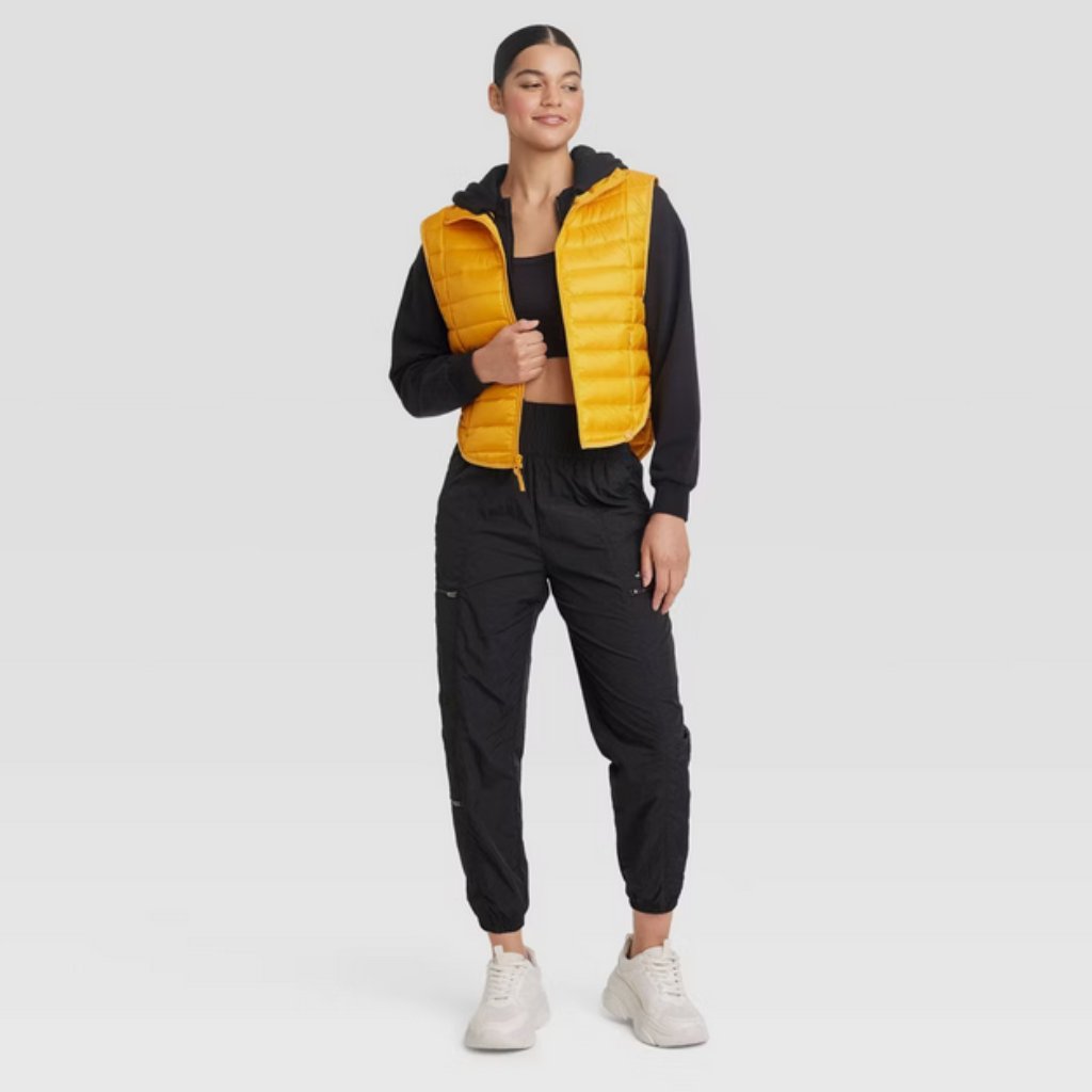 Zipper Quilted Relaxed Puffer Vest Poplin Lightweight Stand Up Collar Yellow Xl